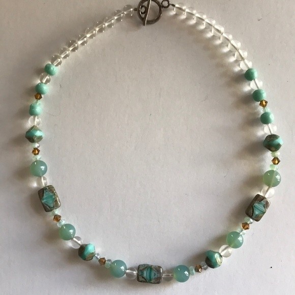 Vintage Handmade Teal Amazonite Rock Crystal Beads Swarovski Sterling Necklace - Picture 4 of 8